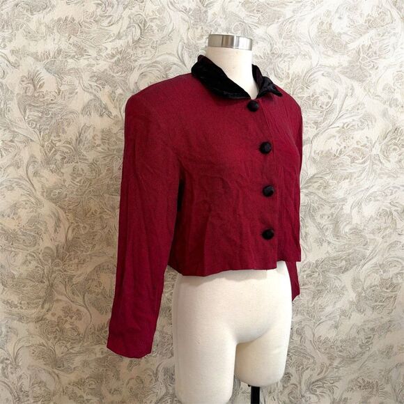 Vintage ED Michaels Red Black Velvet Cropped Button Jacket Blazer Medium - Picture 2 of 7